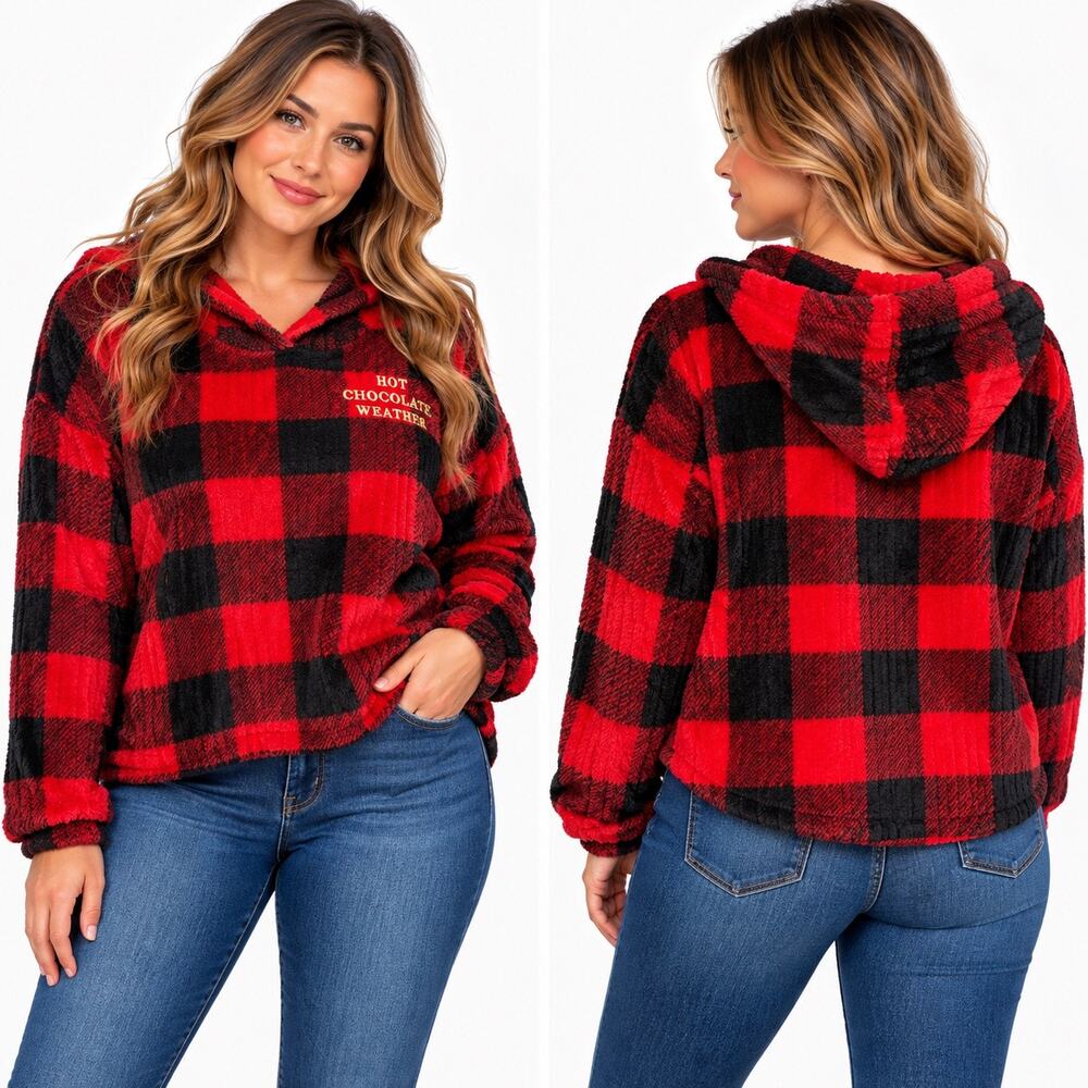Joyspun Womens Red Black Buffalo Plaid Sherpa Fleece Hooded Sweatshirt Large